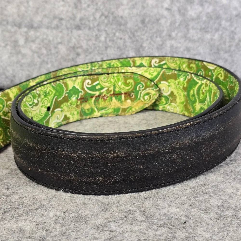 Robert Graham Belt Mens Black Leather Green Paisley Lining Silver Buckle 43